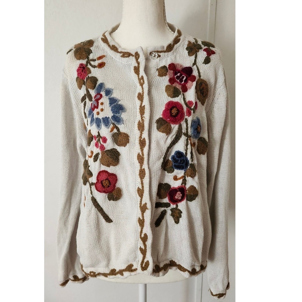 Vintage Candor Floral Embroidered Cardigan Sweater Cream Ramie Cotton Large